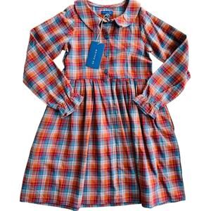 Maison Me Girls Plaid Flannel Dress SIze 8 NEW Red Orange Blue Collared
